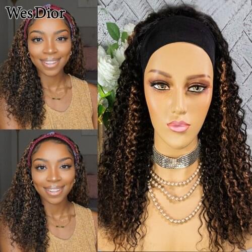 Colored Kinky Curly Headband Full Machine Made Wig Brazilian Highlight Wigs For Women Density180 Ombre Curly Human Hair Wig Remy