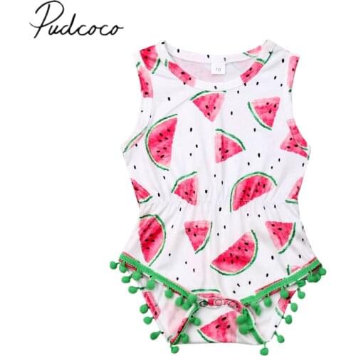 2019 Baby Summer Clothing Newborn Kids Baby Girl Watermelon Romper Sleeveless Tassel Balls Sunsuit Casual Playsuits Outfits 0-24M
