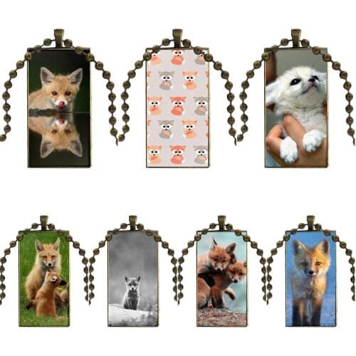 For Men Women Gift Glass Cabochon Pendant Necklace Rectangle Fashion Necklace Baby Foxes Red Pink Fox