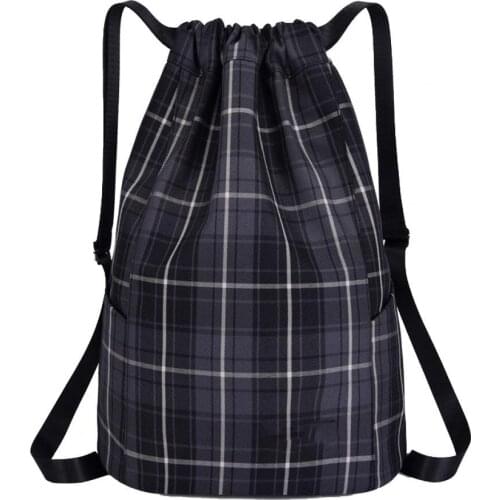 Men Women Adjustable Shoulder Strap Plaid Printed Canvas Drawstring Backpack Storage Bag Rucksack for Travel Fitness Yoga Stora