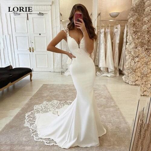LORIE Sexy Mermaid Wedding Dresses V Neck Satin Appliqued Lace Bridal Gowns Vestido de novie Train Wedding Gowns Plus Size