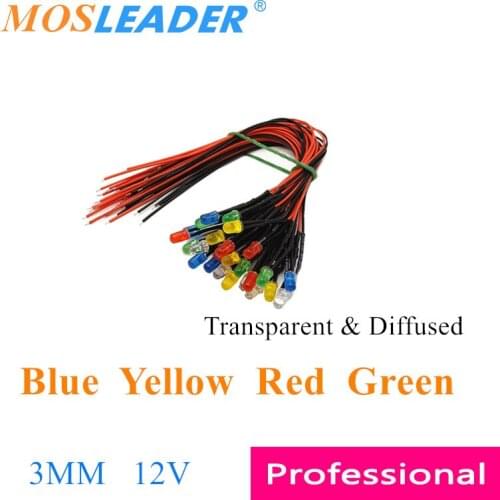 Mosleader 1000pcs 3MM 12V LED with wire 20CM Blue Yellow Red Green Transparent Diffused Color turn color Prewired Emitting Diode