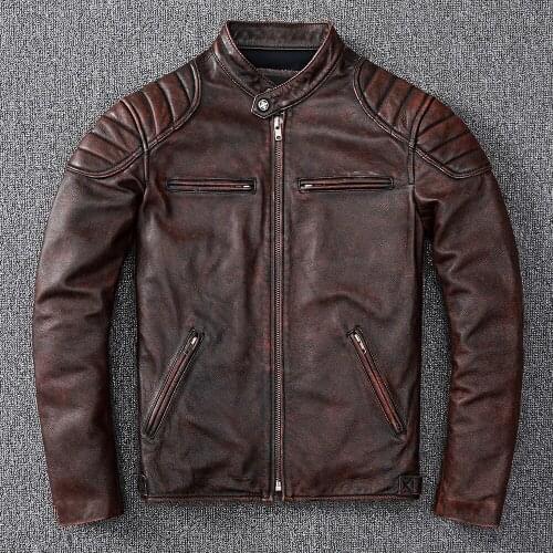 2021 Vintage Brown Stand Collar Motorcycle Style Genuine Leather Jacket Men Plus Size 4XL Real Natural Cowhide Spring Coat