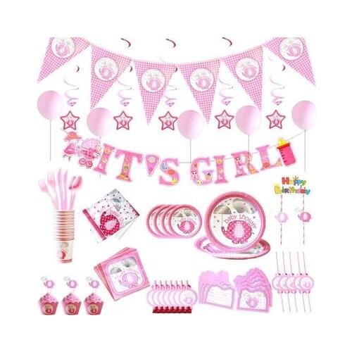 1st Birthday Party Girl Disposable Tableware Sets Decor Napkin Plate Cup Gender Reveal Baby Shower Pink Elephant Party Supplies