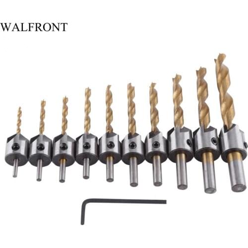 Carpentry Reamer Countersink Drill Bit Set With 10 Size 3-10mm 5-Flutes Twist Countersink Drill Bit /Hex Key Socket /L Spanner