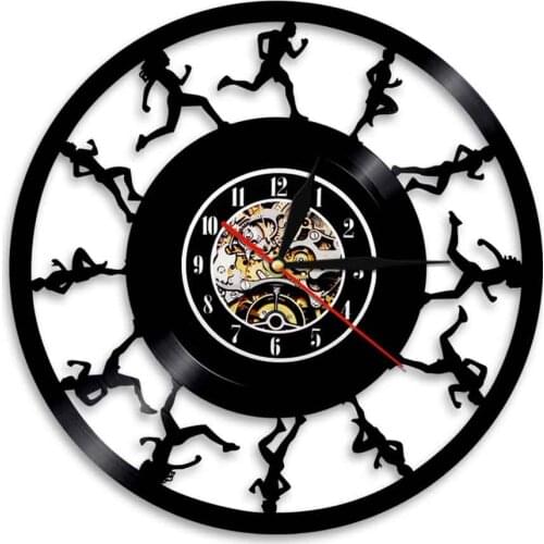 1Piece Marathon Runners Wall Clock Running Sport Run Athlets Club Fitness Vinyl Record Clock Sports Room Wall Art