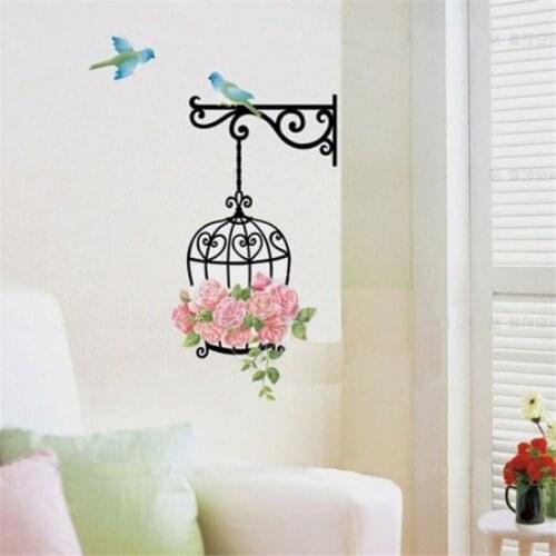 Wall stickers Bedroom Decoration Rose Flower Bird Cage Wall Sticker For Living Room Art Decal Mural Home Decor Removable AU01