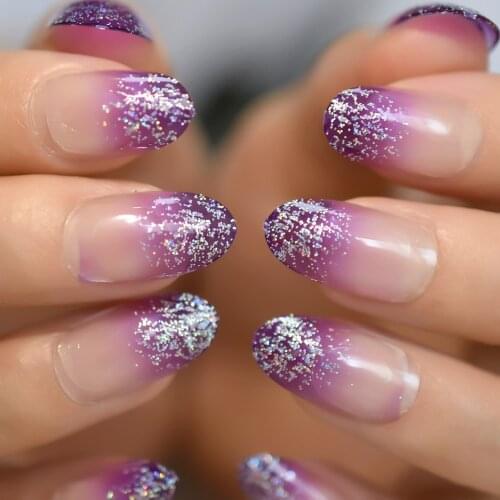 Purple Half Glitter Fadeing Nail Putty Kwaii Cute Nails Medium-Short Detachable Nails Tip Fingernails Art Supplies For Pro EchiQ