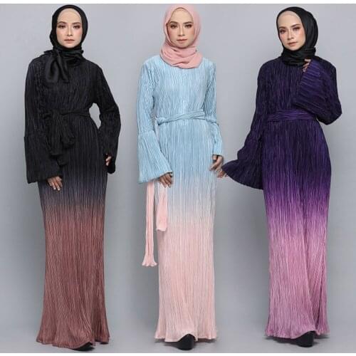 Ramadan Muslim Women Pleated Long Maxi Dress Abaya Prayer Dubai Arab Jilbab Robe Kaftan Arab Cocktail Gown Flare Sleeve Clothing