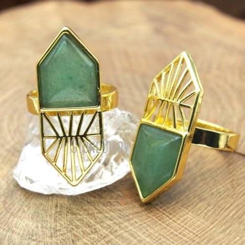 10Pcs Discount Copper Ring Cut Out Pentagon Aventurine Jades Pure Gold Color Hexagon Ring Adjustable RM10287
