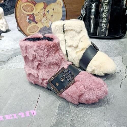 Female Boots High Quality Winter Warm Mink Fur Boots Trendy Square Buckle Rhinestone Boots Large Size Brand Customization