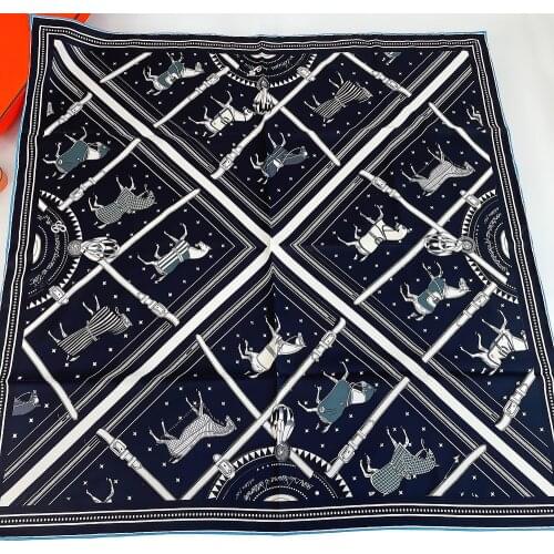 90cm Luxury Horse Coat Twill 100% Silk Scarf Hand Rolled Edges Foulard Hijab Scarf Brand 2021 Design Square Scarves Women Shawl