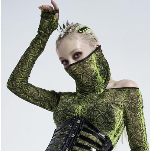 PUNKRAVE Womens Punk Daily Fluorescent Serpentine Printed Triangular Scarf Novelty Perspective Knit Lace-up Cosplay Accessories