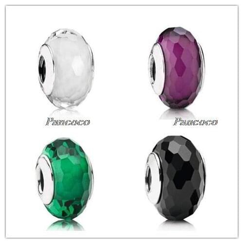 925 Sterling Silver Baeds Multicolor Teal Faceted Lampwork Murano Glass Charm Fit Pandora Bracelet & Necklace Jewelry