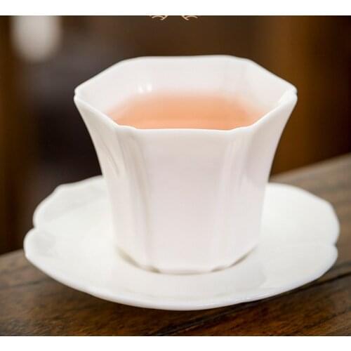 Hexagon Teacup Flower Shape Teacup Chinese White Ceramic Teacup Oriental Tea Cup and Saucer Sets