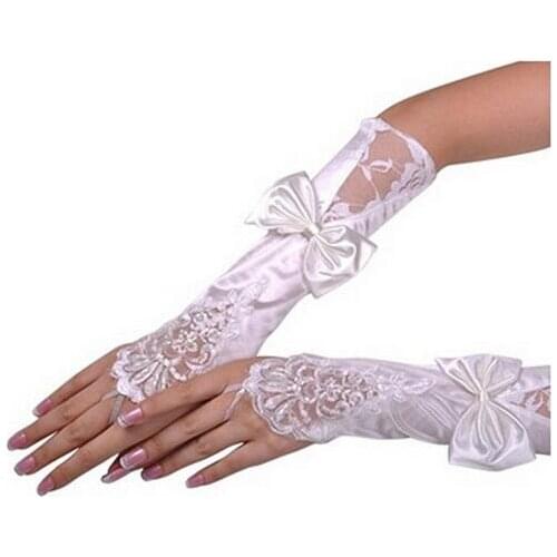 New Arrival White And Ivory Lace Wedding Bridal Gloves 2020 Beaded Sequined Fingerless High Quality Gloves Bride With Bow