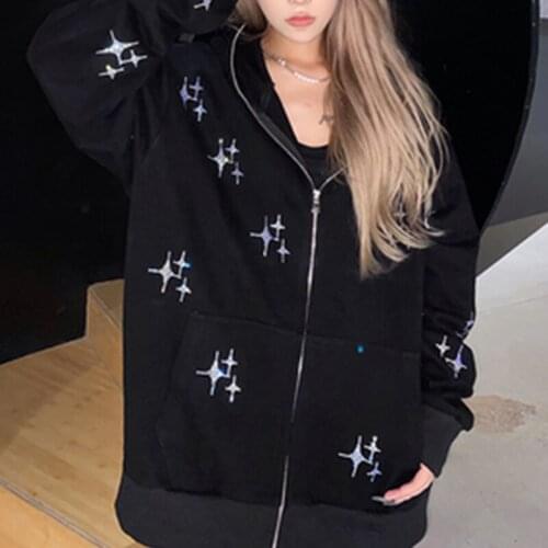 2021 Zipper Grunge Clothes Star Hot Brick Harajuku Punk Oversized Hoodie Retro Clothes Y2K Gothic Sweater Rhinestone Tops E-girl