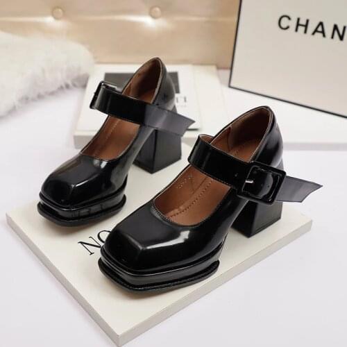 French High Heel Shoes Mary Jane Shoes Women Thick Heel 2021 New Sexy Platform Microfiber Hepburn Paten Leather Chunky Shoes