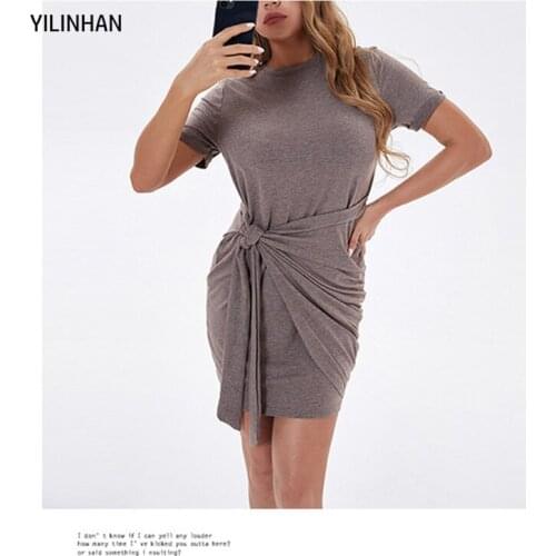 YILINHAN2021 Summer Womens Korean Slim Short Sleeve Solid Color Casual Lace Asymmetric DressTemperament Straps Waist Dress