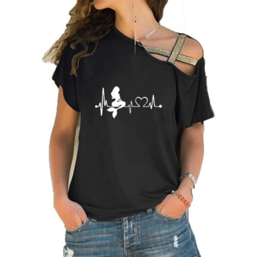 Women Short Sleeve O-neck Funny Summer Tops Streetwear Casual Mermaid Tshirt Fashion Irregular Skew Cross Bandage tee tops