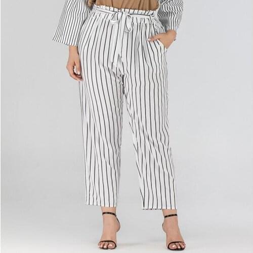 Summer Plus Size Long Pants for Women Large Loose Casual High Waist Wide Leg Pants with Belt 2020 Female White Striped Trousers