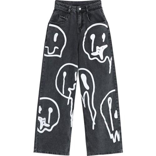 Casual Denim Wide Leg Black Pants 2021 New Spring Fashion Ins Street Hip-hop Printing Wash Jeans Loose Tide Woman Long Trousers