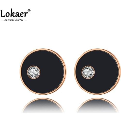 Lokaer Trendy Stainless Steel Black Acrylic Circle Wedding Earrings For Women Rose Gold CZ Crystal Stud Earrings Jewelry E19250