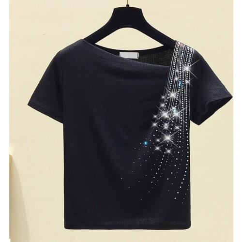 Womens Short Sleeve Tops 2020 Diamonds Solid Short Slash Neck Women Black Harajuku Shirt Korean Clothes Women top korean 0618