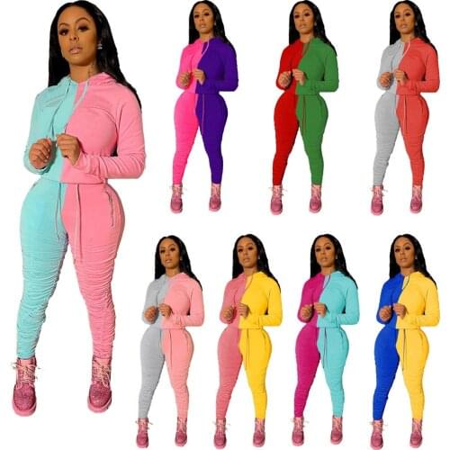 Contrast Color Patchwork Hooded Tops and Drawstring Trousers Women Autumn Winter New Tracksuits Fashion Casual Two Piece Set