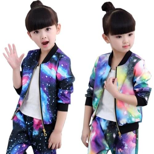 Kids Girls Boy Tracksuit Set Blue Purple Starry Print Sport Suit for Children Jacket Coat and Pant 2pc Clothing Sets