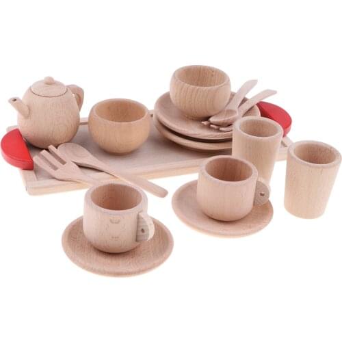 16-piece Wooden Tea Set Pretend Play Toy Educational Game For Children - Soild Beech Saucer Cup Salver Teapot Coffee Set