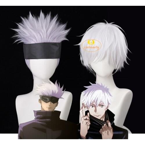2 Styles Anime Jujutsu Kaisen Gojo Satoru Short White Hair Eye Patch Cosplay Wig + Free Wig Cap Synthetic Party Props for Men