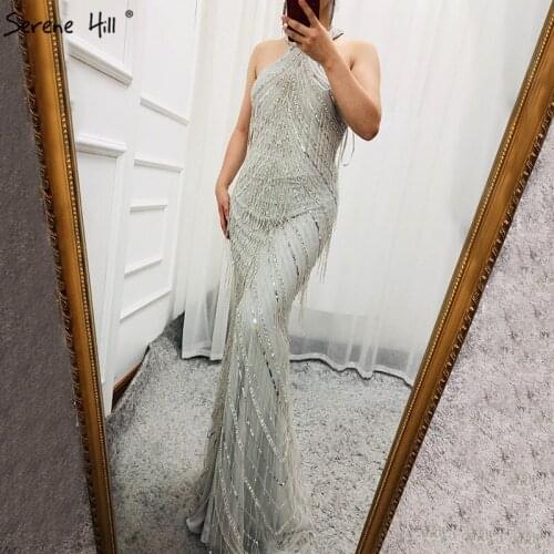 2020 Mermaid Grey Halter Sexy Evening Dresses Long Beading Tassel Sleeveless Fashion Formal Evening Party Real Photo LA6620