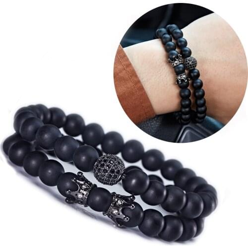 ASHMITA Women Couple Bracelets 8MM Energy Volcanic Stone Crown Bracelet With Tiny Inlaid Zircon Fashion Gift For Men Bangle