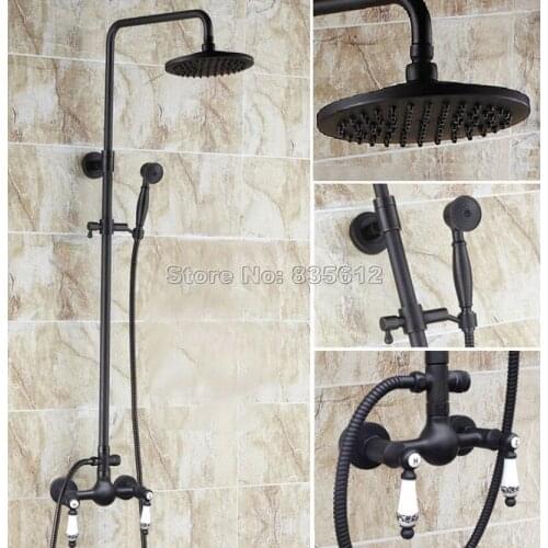 Black Oil Rubbed Bronze Bathroom 8" Rainfall Shower Set Faucet + Ceramic Handles Mixer Tap + Handheld Shower Wall Mounted Wrs513