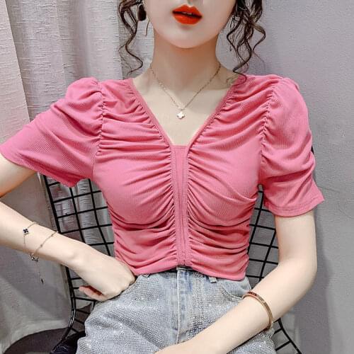 Cotton T Shirt Women Fashion Puff Short Sleeve Plus Size Thin T-shirts Korean Elegant Tee Sweet Lady Basic Tshirt Harajuku PD128