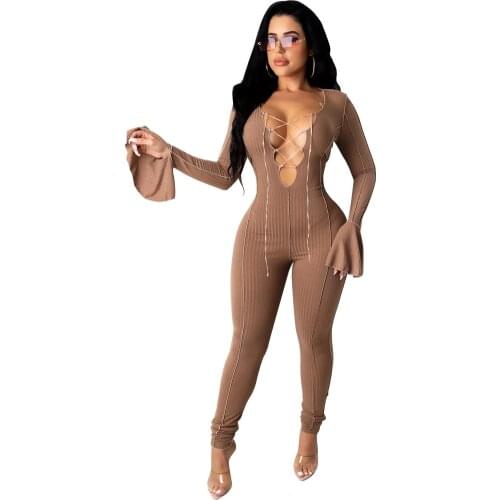 Sexy Deep V Neck Knit Rib Rompers Womens Jumpsuit Elegant Striped Bandage Flare Long Sleeve Pants Bodycon Jumpsuit Women Clothes