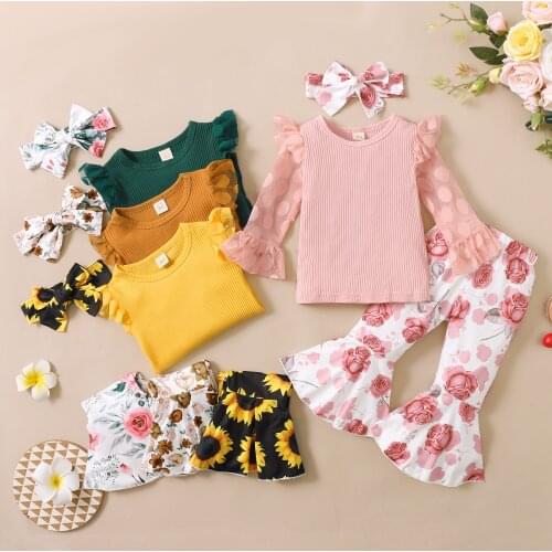 Kids Girls Clothing Sets Autumn Baby Girls Clothes Solid Long Sleeve Pullovers Tops+Floral Flare Pants Headband 3Pcs Suits