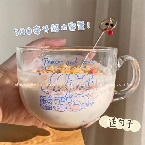 Korean Ins Cute Cartoon Love Bear and Rabbit Glass Student Anti-scalding Breakfast Milk Oatmeal Cup Large Capacity Glass Cup