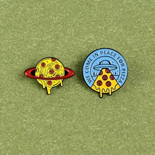 Planet Universe Food Creative Brooch "We Come In Peace For Pizza" Cookies UFO Spacecraft Saturn Planet Badges Pins Jewelry