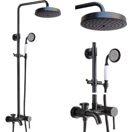 Black Oil Rubbed Brass Single Handle Bathroom 8 Inch Round Rain Shower Faucet Set Bath Tub Mixer Tap Hand Shower mrs346