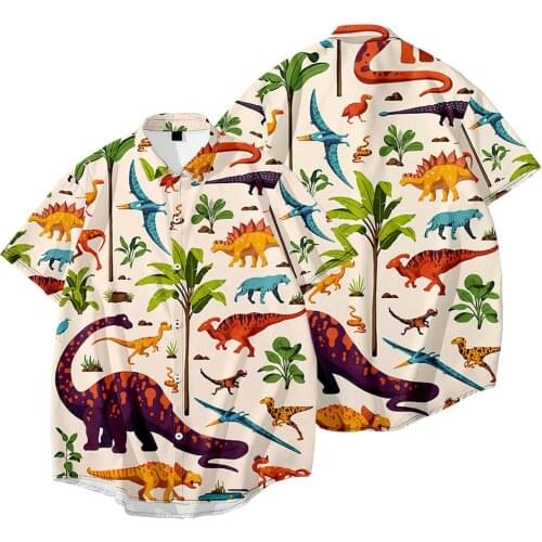 Men Short Sleeve Shirt Beach Shirt Fashion Cute dinosaur Print Button Streetwear Hawaii Shirt Men Beach Shirts