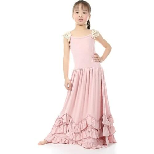 New Elegant Girls Dresses Children Sleeveless Ruffle and Lace Long Maxi Beach Dress Fashion Holiday Kids Clothes