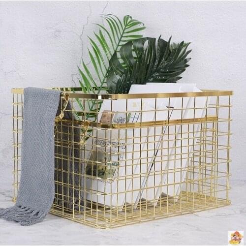 Rose Gold Metal Basket Nordic Portable Storage Baskets Bathroom Dirty Clothes Frame Office Golden Book Organizer Basket