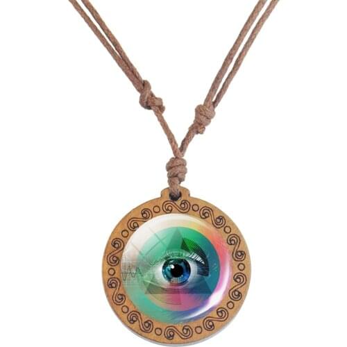 All Seeing Eye Necklace Long Rope Chain Pendant Masonic Symbol Eye of Providence Wood Necklace