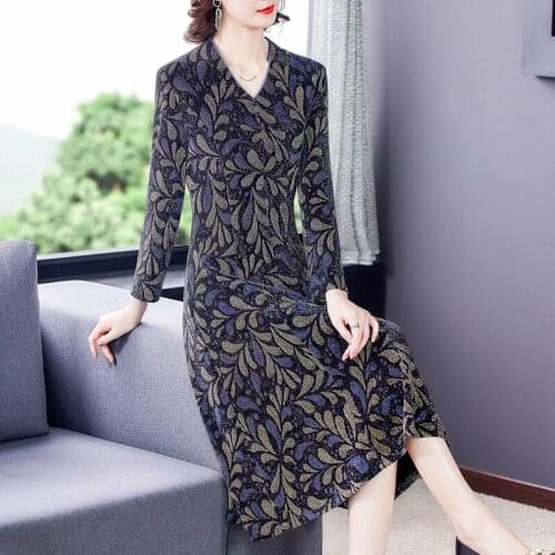 Spring Autumn Print Sequins Midi Long Sleeve Dress 2021 Vintage Casual 5XL Plus Size Vestidos Women Elegant Bodycon Party Dress