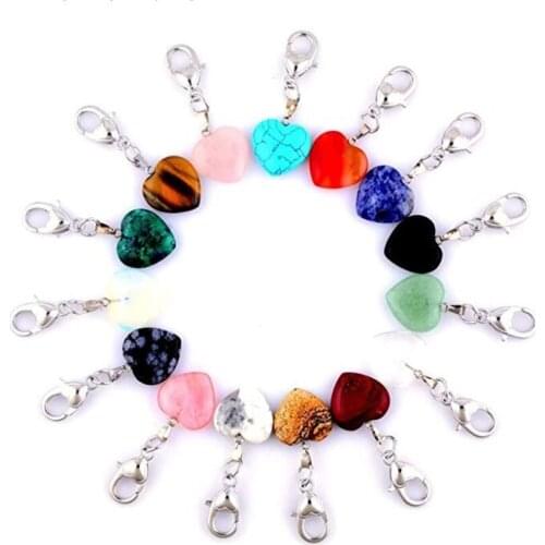Heart Stone Pendant Keychain Healing Pointed Chakra Pendant with Heart Lobster Clasps For 15pcs Necklace Jewelry Making