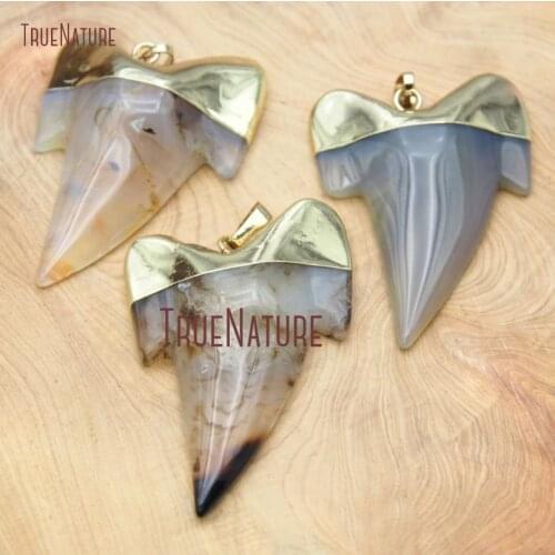 10Pcs Designer Brown Gray Agates Pendant Gold Plating Shark Teeth Shape Pendant Approx 55x37mm PM15910