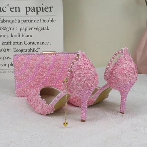 Pink Womens Sandals Lace Flower Pointed Toe High Heel Ladies Party Dress Shoes And Bag Bride Wedding Shoe Ankle Strap Pumps