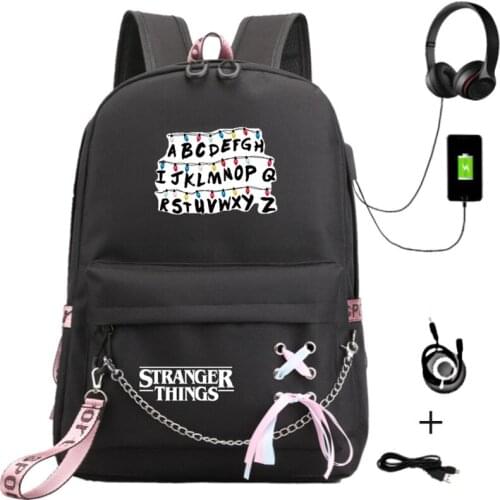 Stranger Things USB Backpack For Women Large Capacity School Bags with Crossed Ribbon For Teenagers Travel Laptop Mochilas